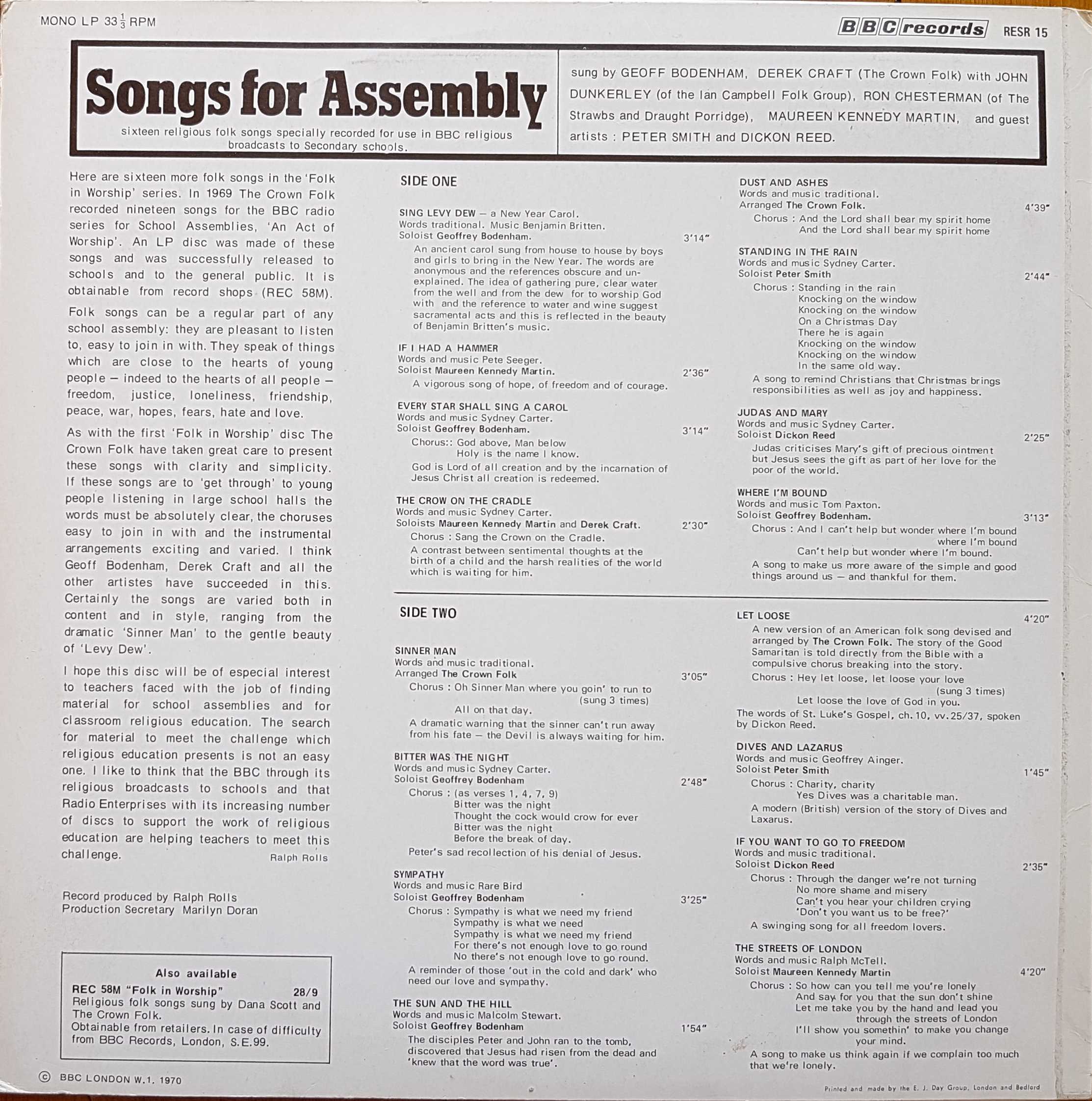 Picture of RESR 15 Songs for assembly by artist The Crown Folk / Maureen Kennedy Martin / Peter Smith / Dickon Reed from the BBC records and Tapes library